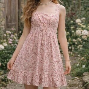 VTG Y2K 90s Babydoll Micro Floral Mini Dress Coquette Dainty Cottage Core S Pink